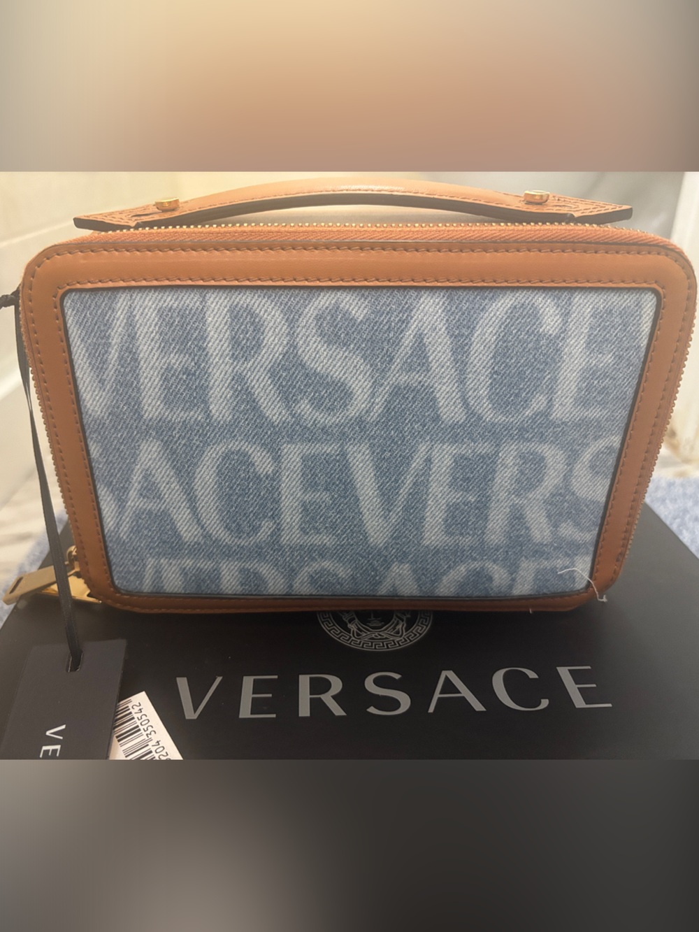 100 Authentic Versace Blue Denim Logo Crossbody with Tan calf leather RUNWAY!